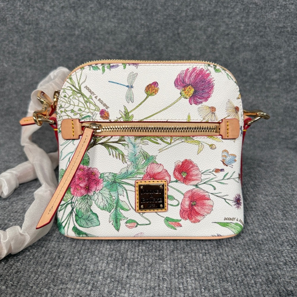 Dooney & Bourke Domed Crossbody Bag White Floral Botanical Leather Trim Pockets
